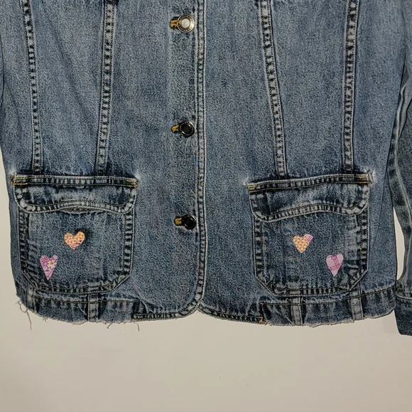Upcyled Peace Applique Distressed Jean Jacket - Picture 7 of 15